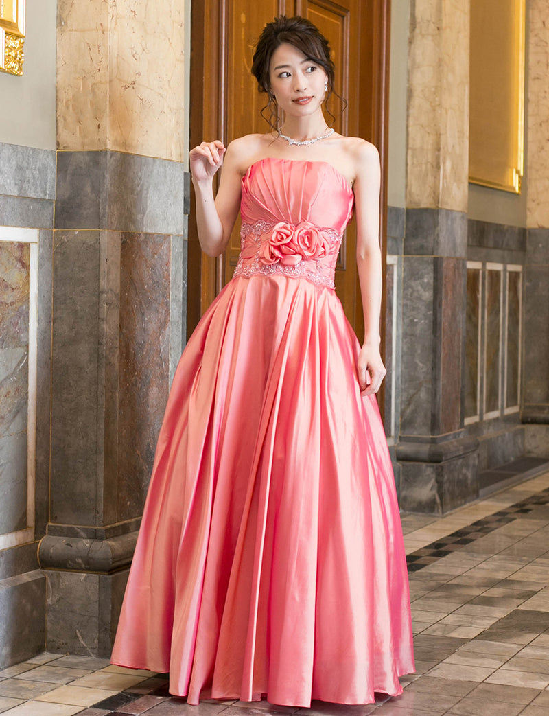 TWEED DRESS(ツイードドレス)のコーラルピンクロングドレス・タフタ ｜TH1408-CPKの全身正面画像です。