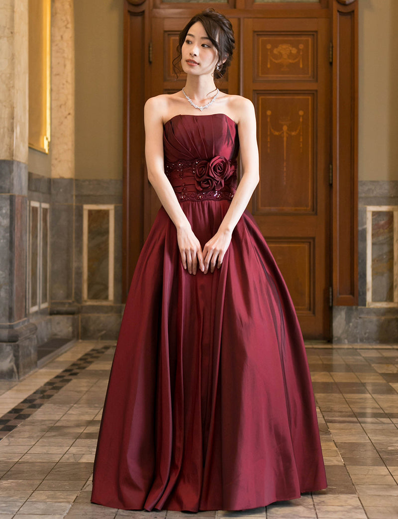 TWEED DRESS(ツイードドレス)のワインレッドロングドレス・タフタ ｜TH1408-WRDの全身正面画像です。