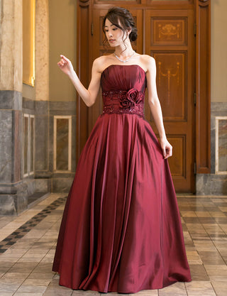 TWEED DRESS(ツイードドレス)のワインレッドロングドレス・タフタ ｜TH1408-WRDの全身正面画像です。