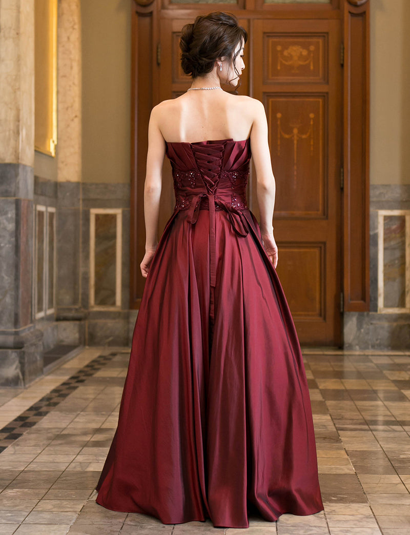 TWEED DRESS(ツイードドレス)のワインレッドロングドレス・タフタ ｜TH1408-WRDの全身背面画像です。