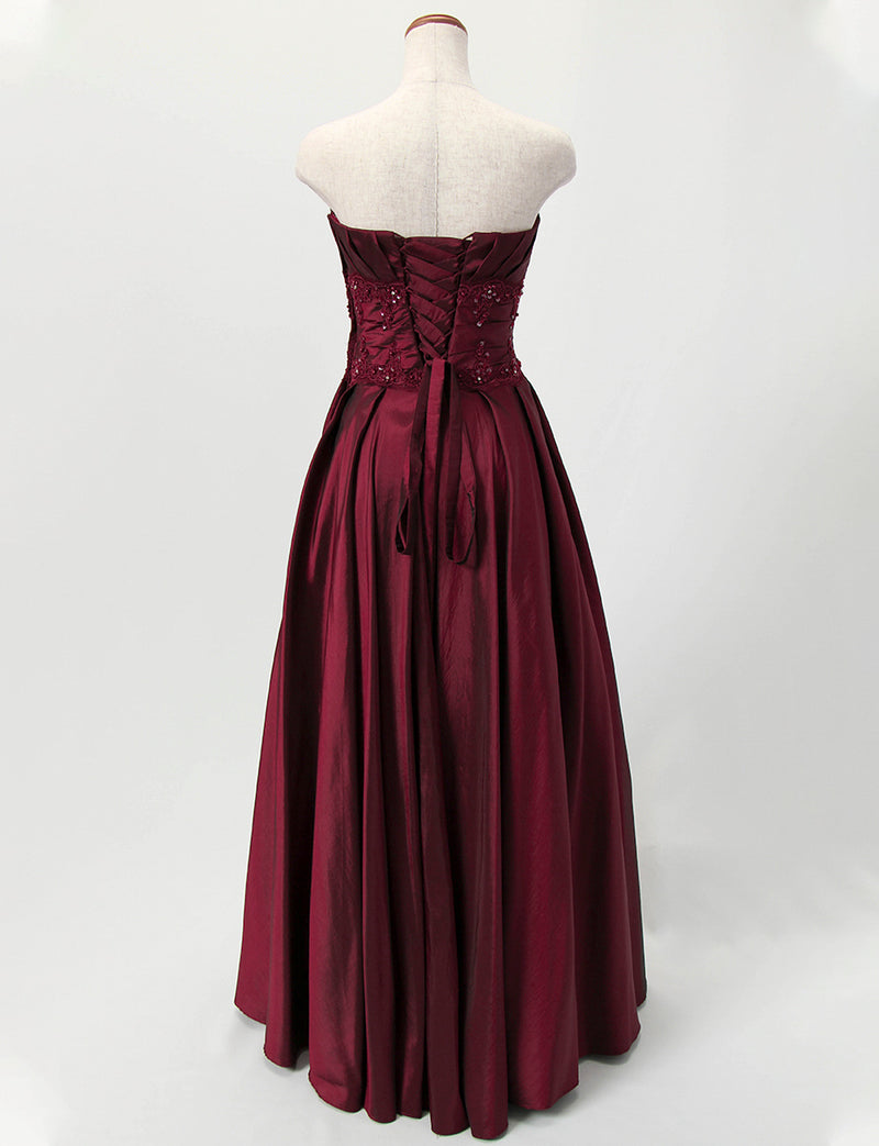 TWEED DRESS(ツイードドレス)のワインレッドロングドレス・タフタ ｜TH1408-WRDのトルソー全身背面画像です。