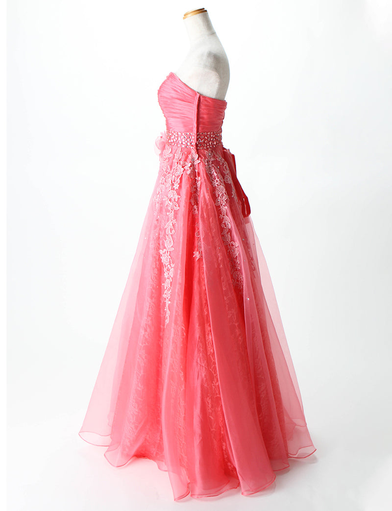 TWEED DRESS(ツイードドレス)のコーラルピンクロングドレス・オーガンジー ｜TH1430-CPKのトルソー全身側面画像です。