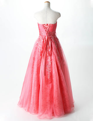 TWEED DRESS(ツイードドレス)のコーラルピンクロングドレス・オーガンジー ｜TH1430-CPKのトルソー全身背面画像です。
