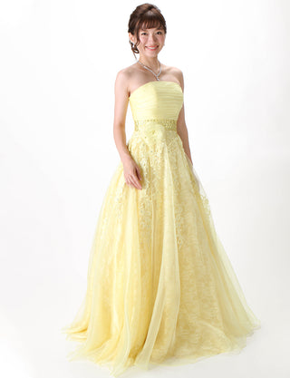 TWEED DRESS(ツイードドレス)のレモンイエローロングドレス・オーガンジー ｜TH1430-LYWの全身斜め画像です。