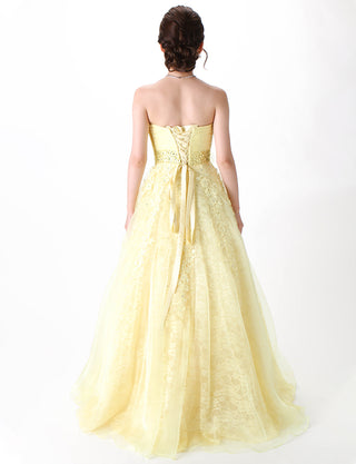 TWEED DRESS(ツイードドレス)のレモンイエローロングドレス・オーガンジー ｜TH1430-LYWの全身背面画像です。