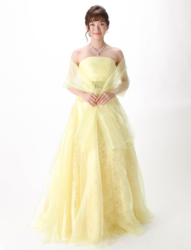 TWEED DRESS(ツイードドレス)のレモンイエローロングドレス・オーガンジー ｜TH1430-LYWの全身正面ストール着用画像です。