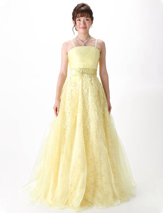 TWEED DRESS(ツイードドレス)のレモンイエローロングドレス・オーガンジー ｜TH1430-LYWの全身正面ストラップ着用画像です。