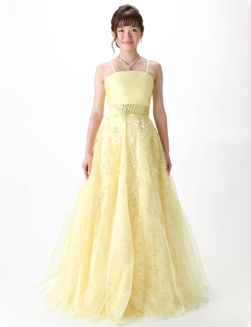 TWEED DRESS(ツイードドレス)のレモンイエローロングドレス・オーガンジー ｜TH1430-LYWの全身正面ストラップ着用画像です。