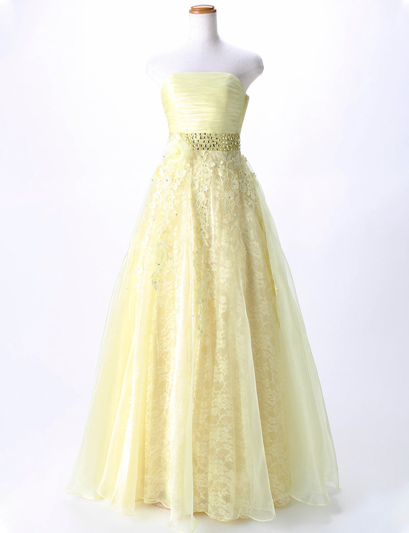 TWEED DRESS(ツイードドレス)のレモンイエローロングドレス・オーガンジー ｜TH1430-LYWのトルソー全身正面画像です。