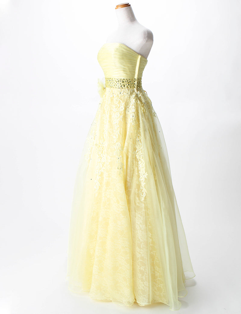 TWEED DRESS(ツイードドレス)のレモンイエローロングドレス・オーガンジー ｜TH1430-LYWのトルソー全身斜め画像です。