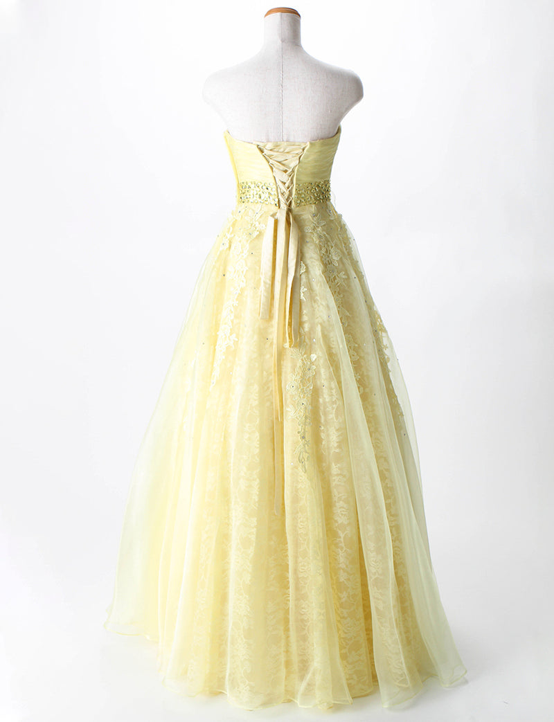 TWEED DRESS(ツイードドレス)のレモンイエローロングドレス・オーガンジー ｜TH1430-LYWのトルソー全身背面画像です。