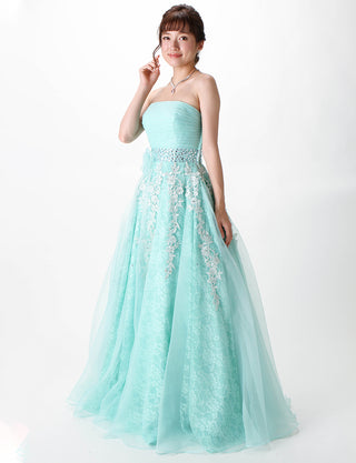 TWEED DRESS(ツイードドレス)のアクアミントロングドレス・オーガンジー ｜TH1430-AMTの全身斜め画像です。