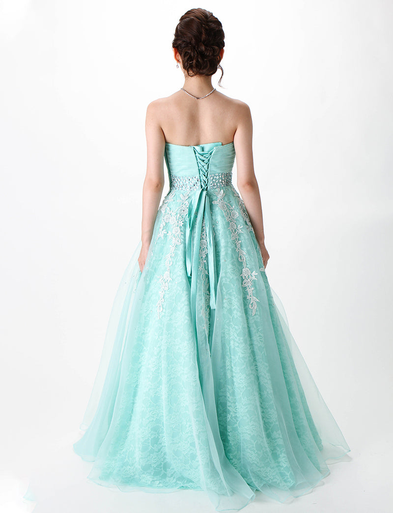 TWEED DRESS(ツイードドレス)のアクアミントロングドレス・オーガンジー ｜TH1430-AMTの全身背面画像です。