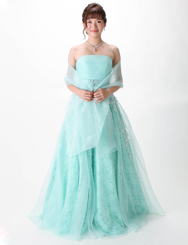 TWEED DRESS(ツイードドレス)のアクアミントロングドレス・オーガンジー ｜TH1430-AMTの全身正面ストール着用画像です。