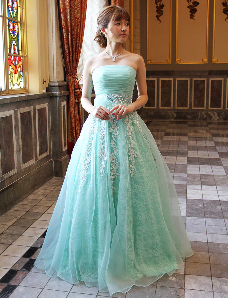 TWEED DRESS(ツイードドレス)のアクアミントロングドレス・オーガンジー ｜TH1430-AMTの全身正面画像です。