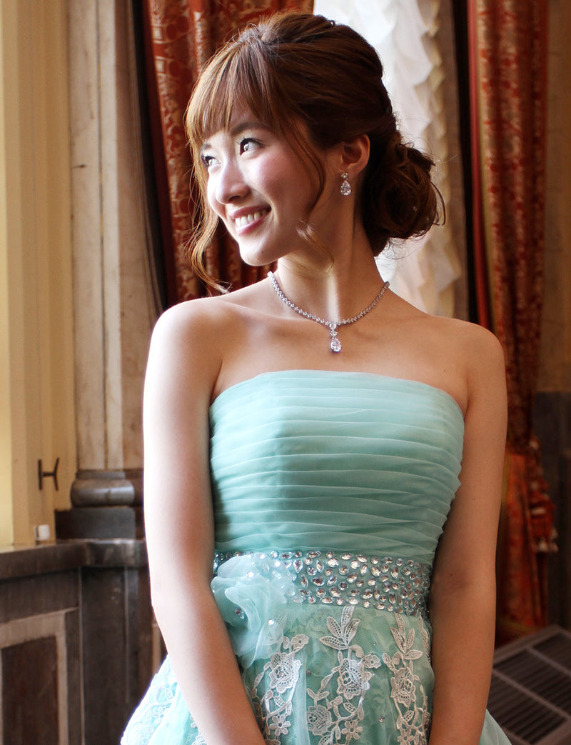 TWEED DRESS(ツイードドレス)のアクアミントロングドレス・オーガンジー ｜TH1430-AMTの上半身正面画像です。