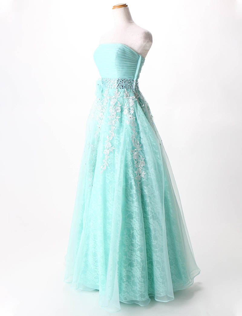 TWEED DRESS(ツイードドレス)のアクアミントロングドレス・オーガンジー ｜TH1430-AMTのトルソー全身斜め画像です。