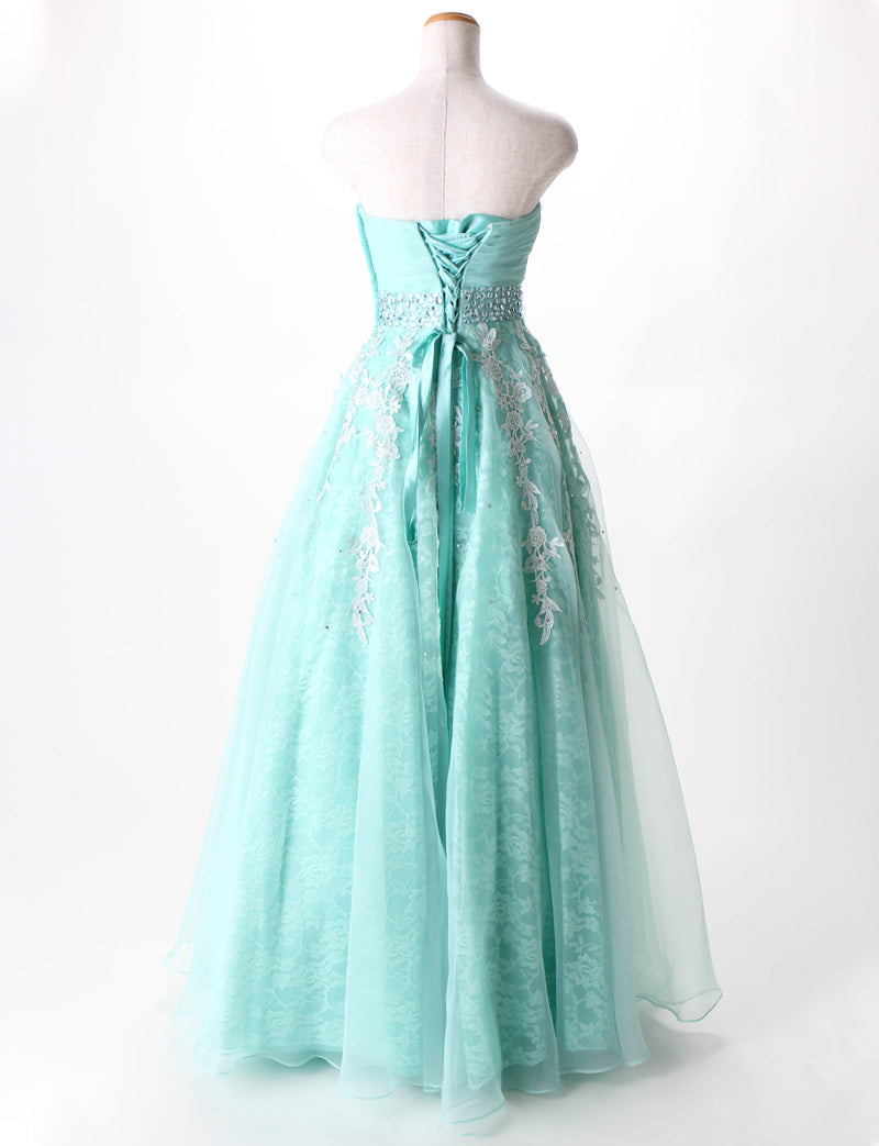 TWEED DRESS(ツイードドレス)のアクアミントロングドレス・オーガンジー ｜TH1430-AMTのトルソー全身背面画像です。