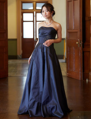 TWEED DRESS(ツイードドレス)のダークネイビーロングドレス・タフタ｜TH1432-1-DNYの全身正面画像です。