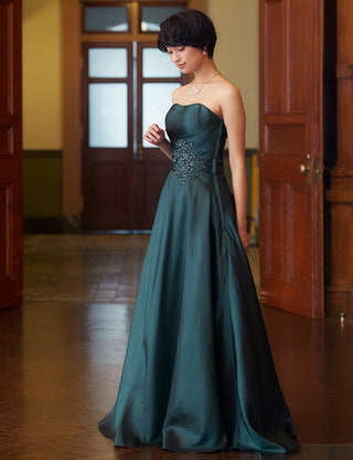 TWEED DRESS(ツイードドレス)のグリーンブラックロングドレス・タフタ｜TH1432-1-GNBKの全身斜め画像です。