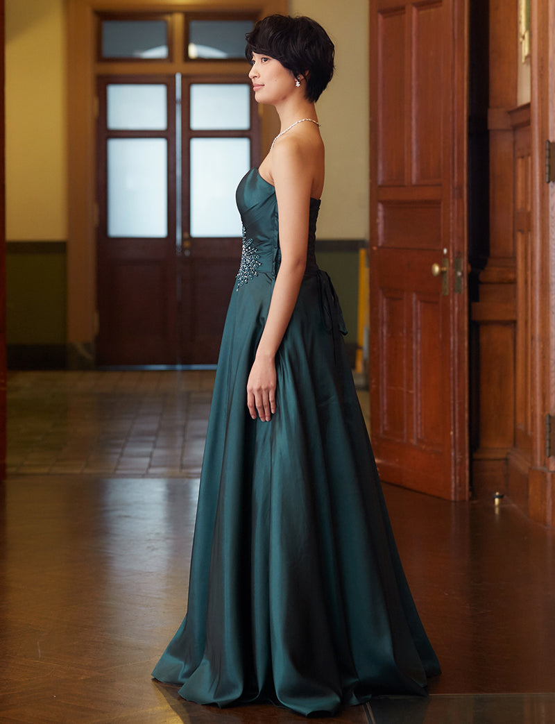 TWEED DRESS(ツイードドレス)のグリーンブラックロングドレス・タフタ｜TH1432-1-GNBKの全身側面画像です。