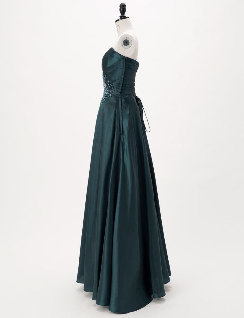 TWEED DRESS(ツイードドレス)のグリーンブラックロングドレス・タフタ｜TH1432-1-GNBKのトルソー全身側面画像です。