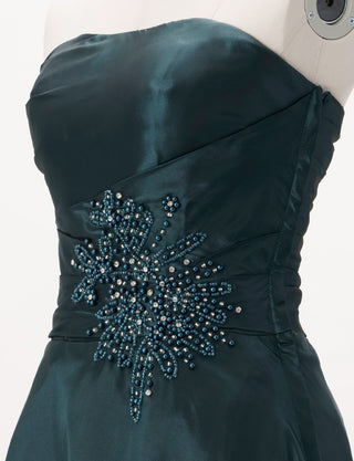 TWEED DRESS(ツイードドレス)のグリーンブラックロングドレス・タフタ｜TH1432-1-GNBKのトルソー上半身斜め画像です。