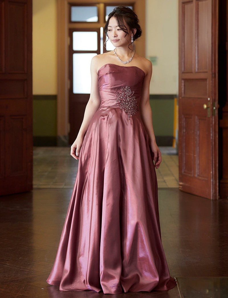 TWEED DRESS(ツイードドレス)のピンクローズロングドレス・タフタ｜TH1432-1-PKRの全身正面画像です。