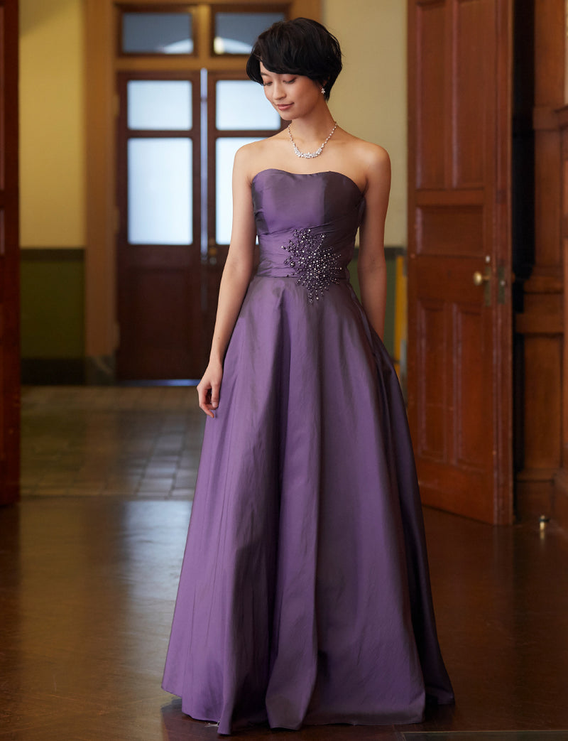 TWEED DRESS(ツイードドレス)のプラムロングドレス・タフタ｜TH1432-1-PMの全身正面画像です。