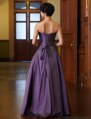 TWEED DRESS(ツイードドレス)のプラムロングドレス・タフタ｜TH1432-1-PMの全身背面画像です。