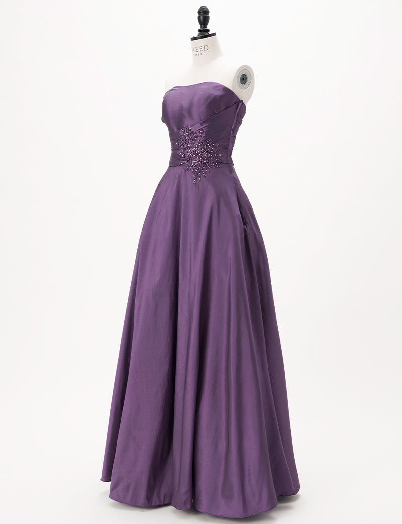 TWEED DRESS(ツイードドレス)のプラムロングドレス・タフタ｜TH1432-1-PMのトルソー全身斜め画像です。