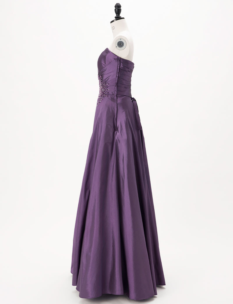 TWEED DRESS(ツイードドレス)のプラムロングドレス・タフタ｜TH1432-1-PMのトルソー全身側面画像です。