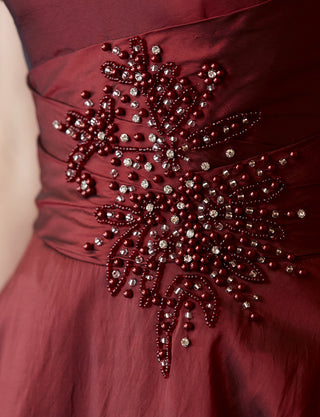 TWEED DRESS(ツイードドレス)のレッドブラックロングドレス・タフタ｜TH1432-1-RBKの上半身ウエストビジュ装飾拡大画像です。