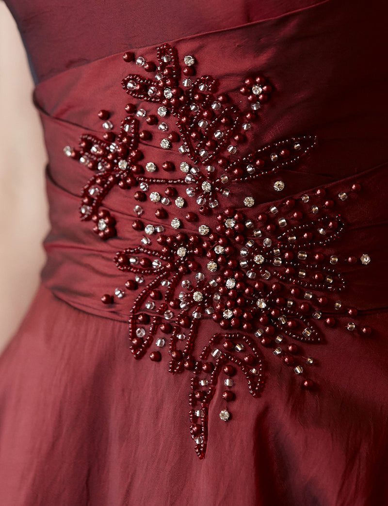TWEED DRESS(ツイードドレス)のレッドブラックロングドレス・タフタ｜TH1432-1-RBKの上半身ウエストビジュ装飾拡大画像です。
