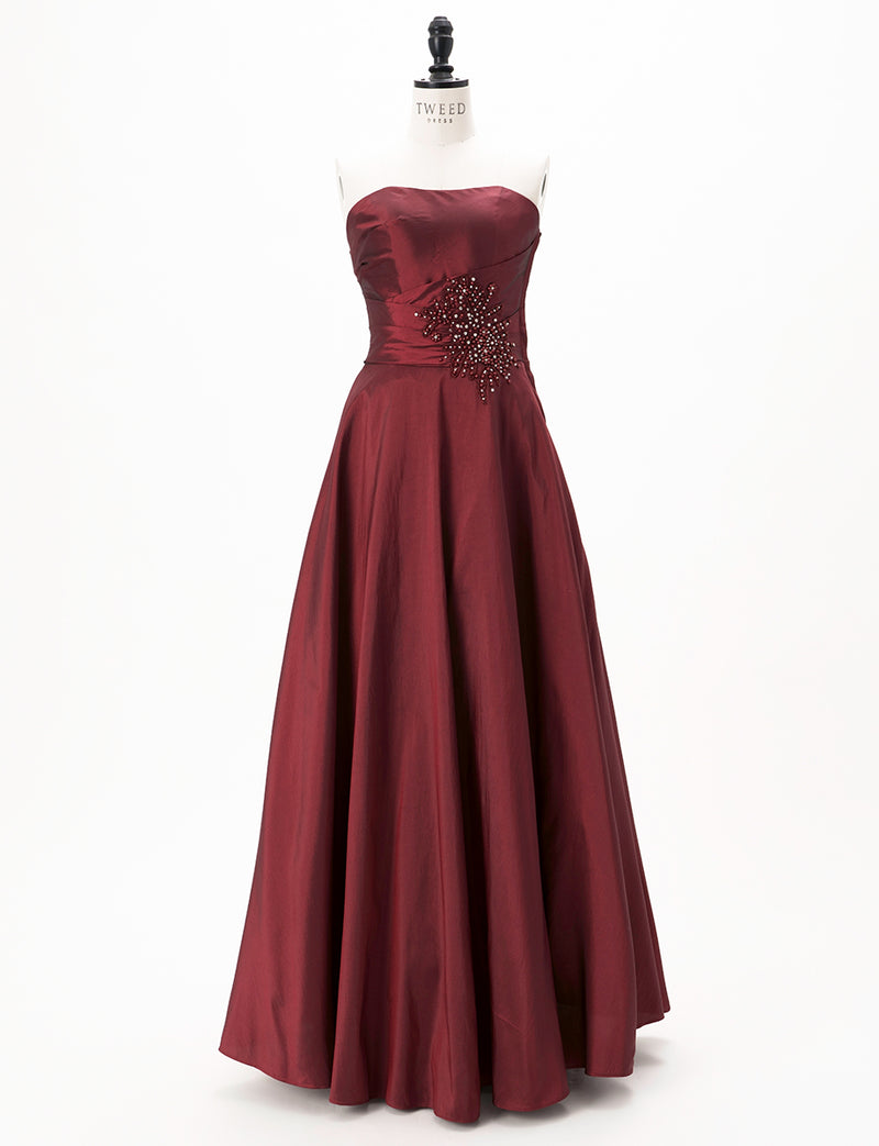 TWEED DRESS(ツイードドレス)のレッドブラックロングドレス・タフタ｜TH1432-1-RBKのトルソー全身正面画像です。