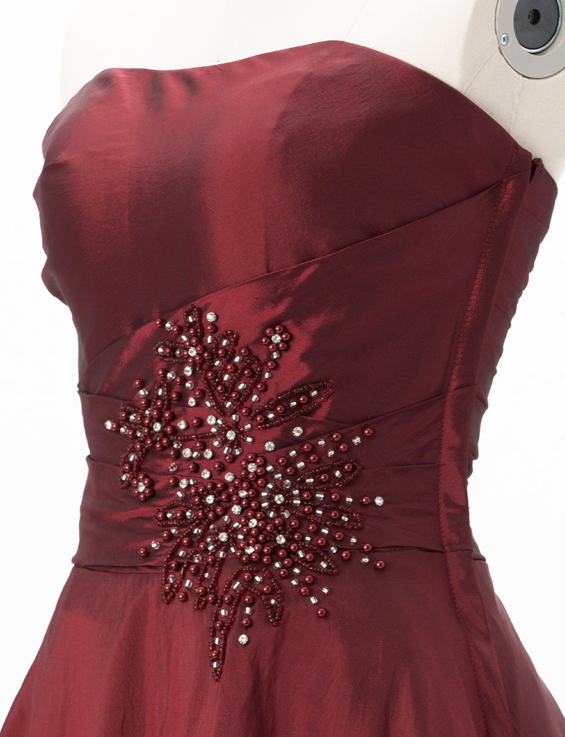 TWEED DRESS(ツイードドレス)のレッドブラックロングドレス・タフタ｜TH1432-1-RBKのトルソー上半身斜め画像です。