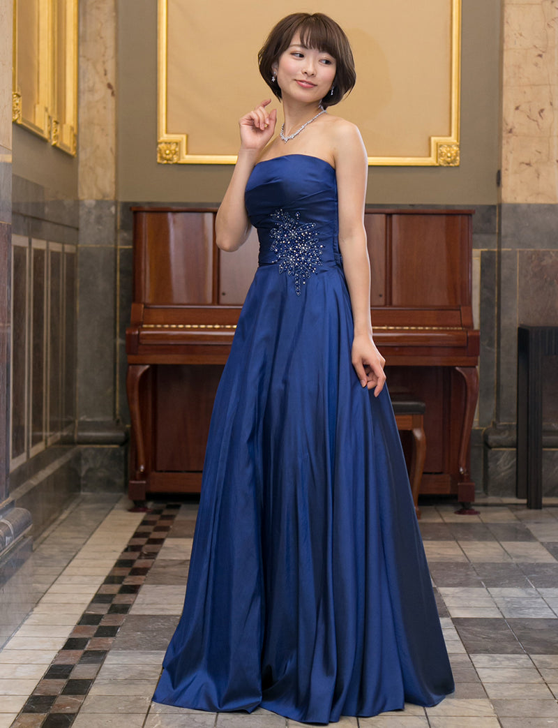 TWEED DRESS(ツイードドレス)のブルーネイビーロングドレス・タフタ｜TH1432-BLNYの全身斜め画像です。