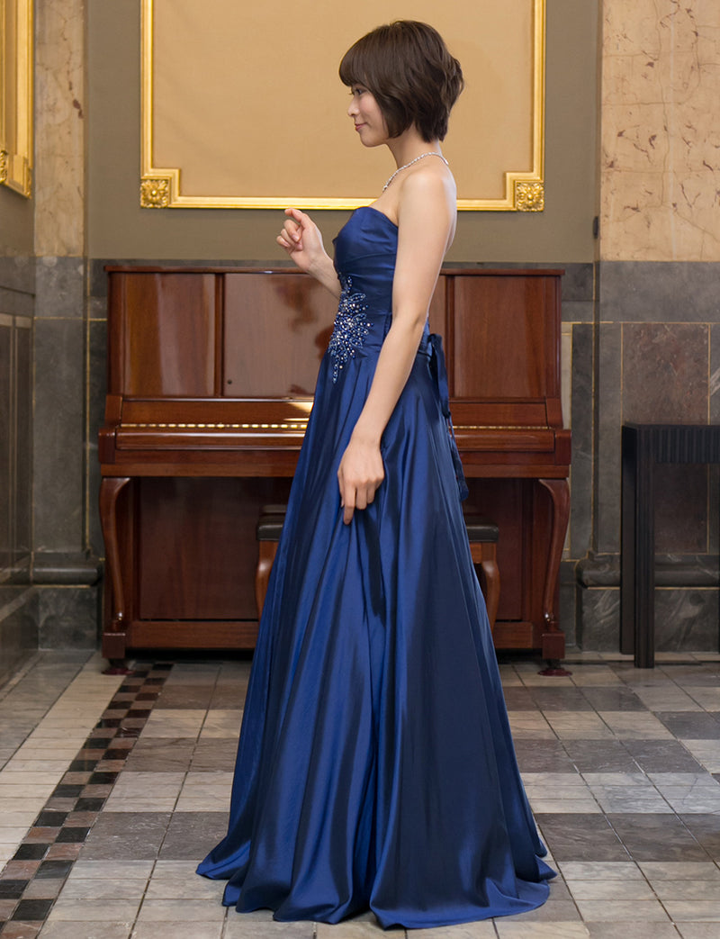TWEED DRESS(ツイードドレス)のブルーネイビーロングドレス・タフタ｜TH1432-BLNYの全身側面画像です。