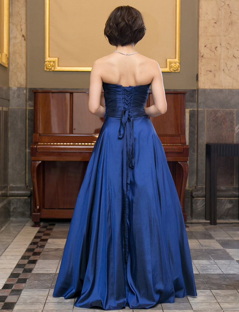 TWEED DRESS(ツイードドレス)のブルーネイビーロングドレス・タフタ｜TH1432-BLNYの全身背面画像です。
