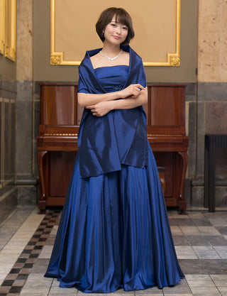 TWEED DRESS(ツイードドレス)のブルーネイビーロングドレス・タフタ｜TH1432-BLNYの全身正面ストール着用画像です。