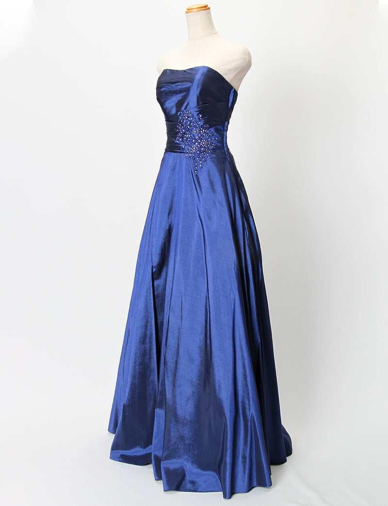 TWEED DRESS(ツイードドレス)のブルーネイビーロングドレス・タフタ｜TH1432-BLNYのトルソー全身斜め画像です。
