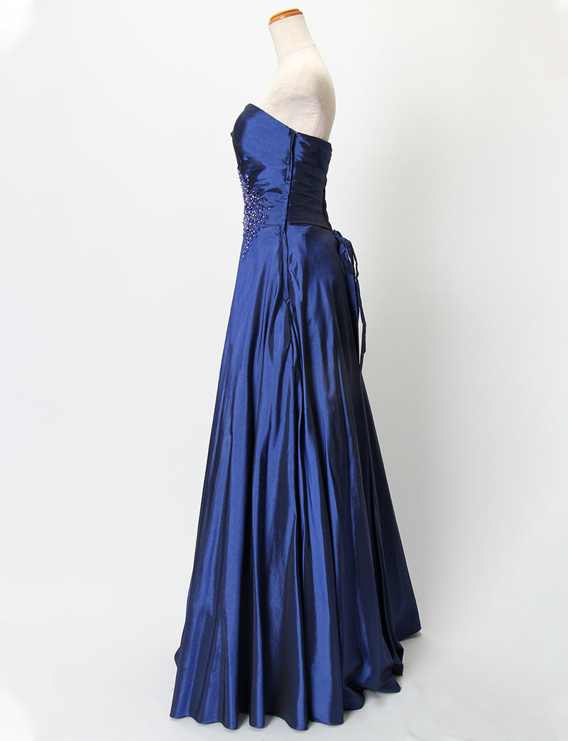 TWEED DRESS(ツイードドレス)のブルーネイビーロングドレス・タフタ｜TH1432-BLNYのトルソー全身側面画像です。