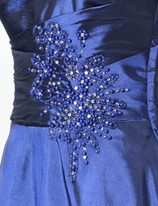 TWEED DRESS(ツイードドレス)のブルーネイビーロングドレス・タフタ｜TH1432-BLNYの上半身ウエストビジュ装飾拡大画像です。