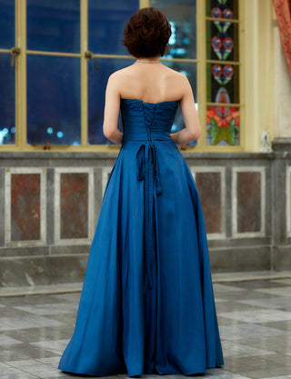 TWEED DRESS(ツイードドレス)のディープブルーロングドレス・タフタ｜TH1432-DBLの全身背面画像です。