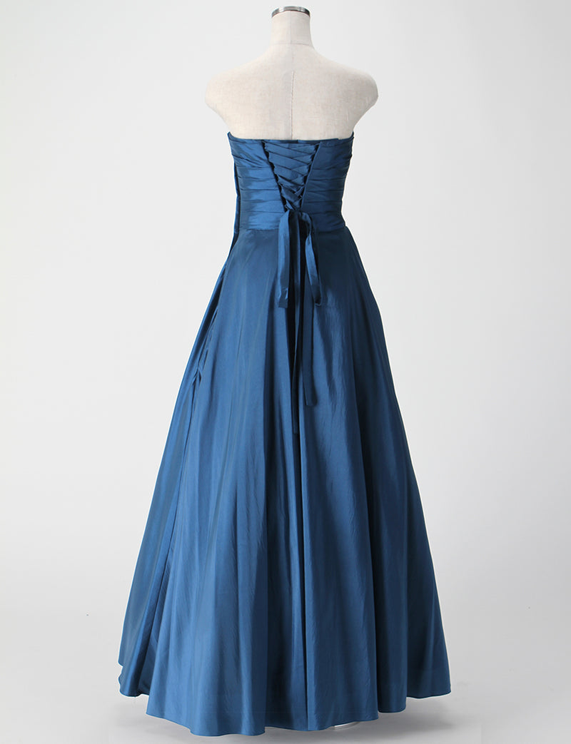 TWEED DRESS(ツイードドレス)のディープブルーロングドレス・タフタ｜TH1432-DBLのトルソー全身背面画像です。