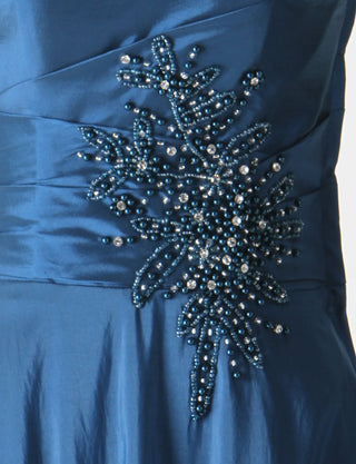 TWEED DRESS(ツイードドレス)のディープブルーロングドレス・タフタ｜TH1432-DBLの上半身ウエストビジュ装飾拡大画像です。