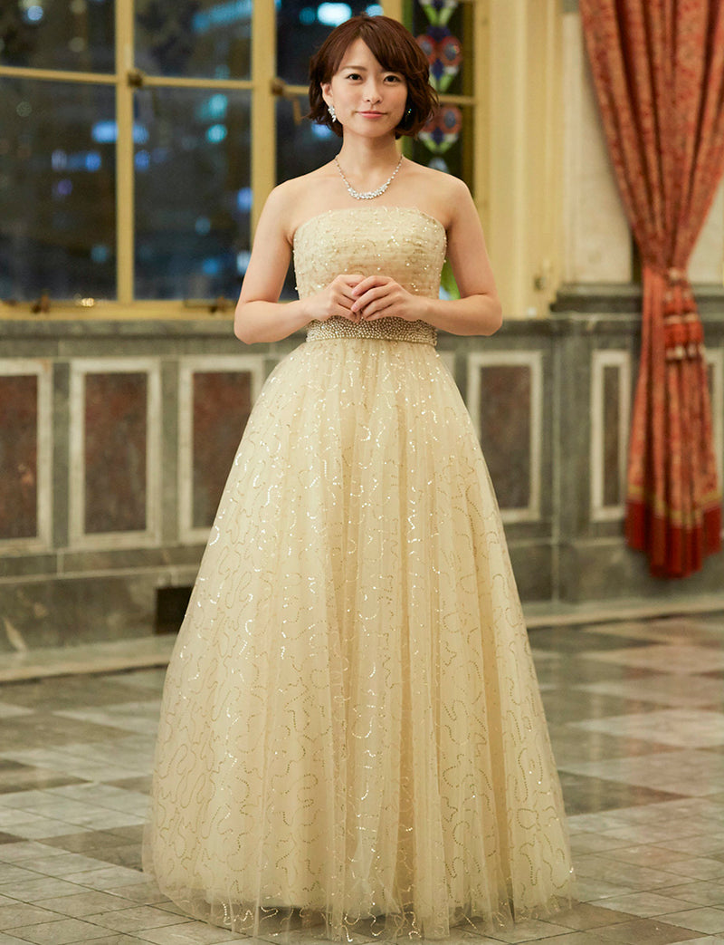 TWEED DRESS(ツイードドレス)のシャンパンゴールドロングドレス・スパンコールチュール｜TH1450-CGDの全身正面画像です。