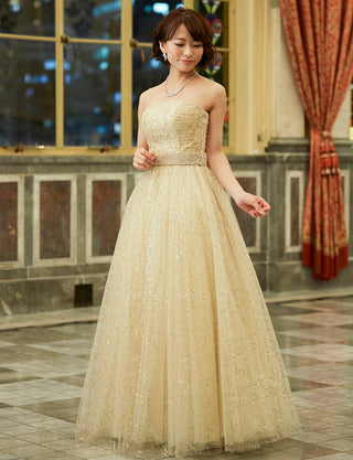 TWEED DRESS(ツイードドレス)のシャンパンゴールドロングドレス・スパンコールチュール｜TH1450-CGDの全身斜め画像です。