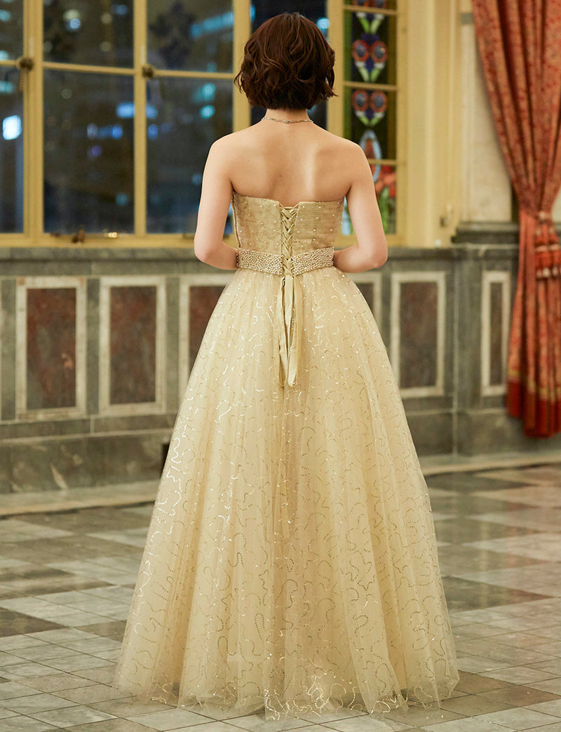 TWEED DRESS(ツイードドレス)のシャンパンゴールドロングドレス・スパンコールチュール｜TH1450-CGDの全身背面画像です。