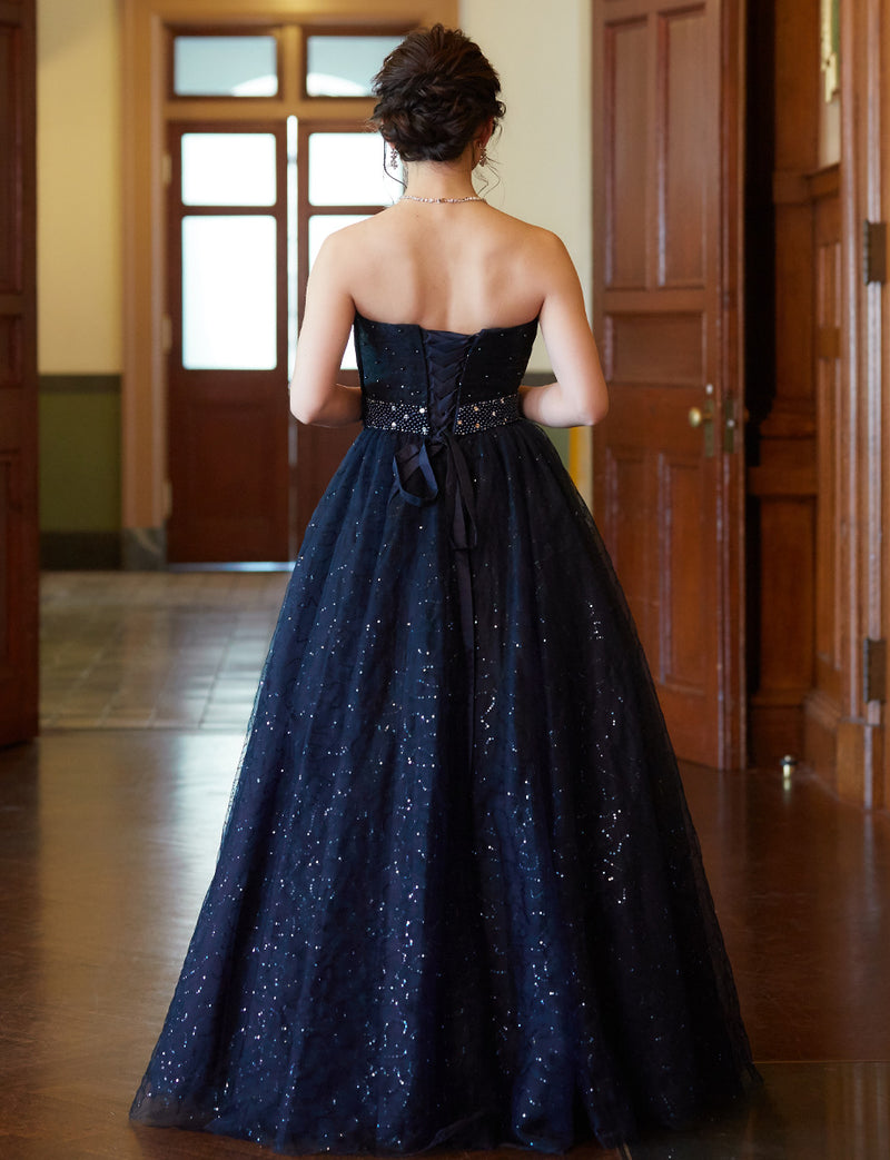 TWEED DRESS(ツイードドレス)のダークネイビーロングドレス・スパンコールチュール｜TH1450-DNYの全身背面画像です。